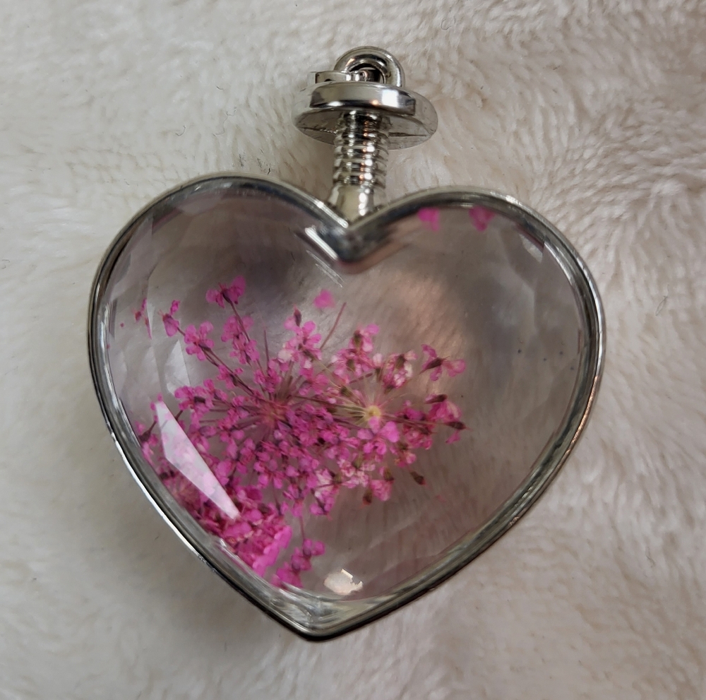 Pink & Silver Glass Pressed Flower Pendant
